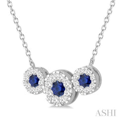 3.8 MM & 3 MM Sapphire and 5/8 Ctw Round Cut Diamond Past Present & Future Precious Necklace in 14K White Gold 3.8 MM & 3 MM Sapphire and 5/8 Ctw Round Cut Diamond Past Present & Future Precious Necklace in 14K White Gold