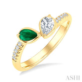 5x3 MM Pear Cut Emerald and 1/3 Ctw Pear & Round Cut Diamond Toi Et Moi Precious Fashion Ring in 14K Yellow Gold