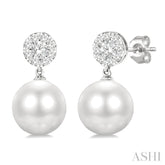 7 MM Cultured White Pearl and 1/4 Ctw Disc Top Lovebright Round Cut Diamond Fashion Earrings in 14K White Gold