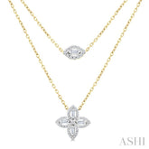1/2 Ctw Floral Baguette and Round Cut Diamond Layered Fashion Necklace in 14K Yellow Gold