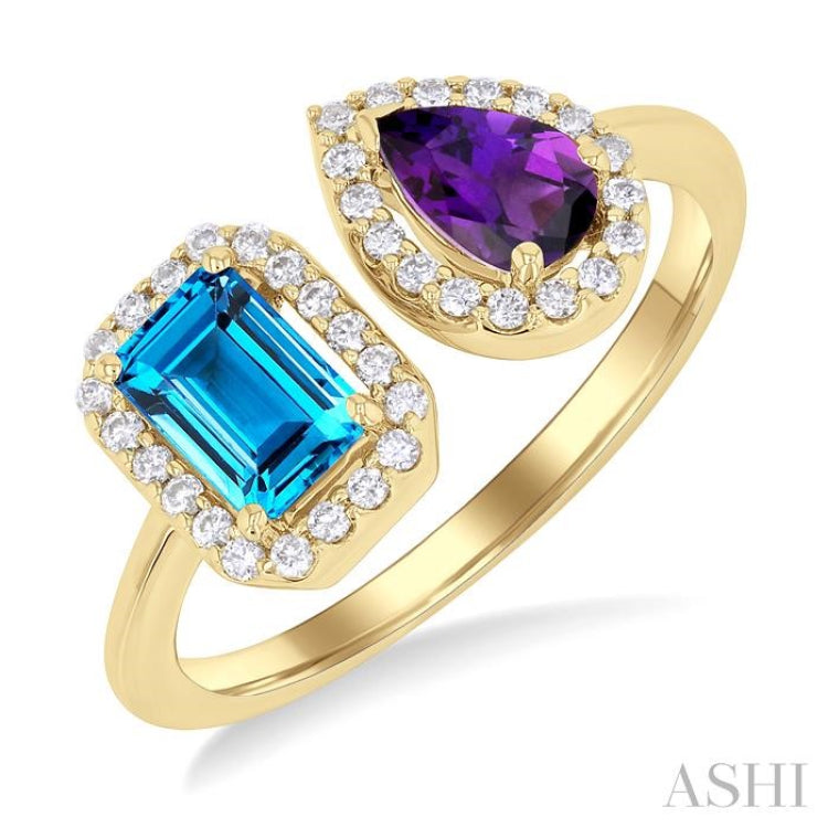6X4 MM Emerald Cut Blue Topaz and Pear Cut Amethyst and 1/5 Ctw Open Toi Et Moi Round Cut Diamond Halo Fashion Ring in 14K Yellow Gold 6X4 MM Emerald Cut Blue Topaz and Pear Cut Amethyst and 1/5 Ctw Open Toi Et Moi Round Cut Diamond Halo Fashion Ring in 14K Yellow Gold