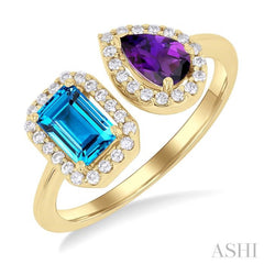 6X4 MM Emerald Cut Blue Topaz and Pear Cut Amethyst and 1/5 Ctw Open Toi Et Moi Round Cut Diamond Halo Fashion Ring in 14K Yellow Gold 6X4 MM Emerald Cut Blue Topaz and Pear Cut Amethyst and 1/5 Ctw Open Toi Et Moi Round Cut Diamond Halo Fashion Ring in 14K Yellow Gold