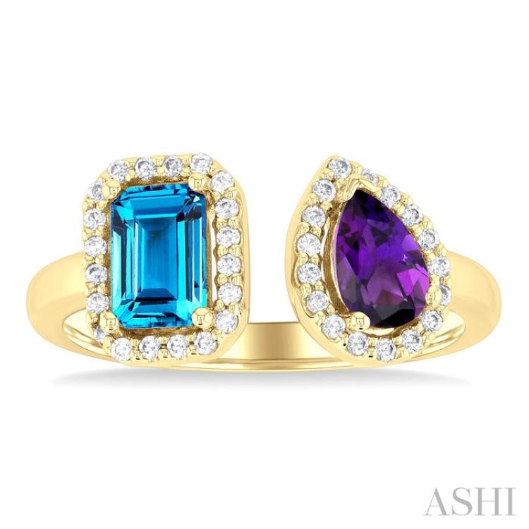 6X4 MM Emerald Cut Blue Topaz and Pear Cut Amethyst and 1/5 Ctw Open Toi Et Moi Round Cut Diamond Halo Fashion Ring in 14K Yellow Gold 6X4 MM Emerald Cut Blue Topaz and Pear Cut Amethyst and 1/5 Ctw Open Toi Et Moi Round Cut Diamond Halo Fashion Ring in 14K Yellow Gold