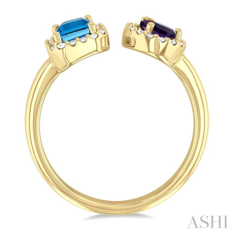 6X4 MM Emerald Cut Blue Topaz and Pear Cut Amethyst and 1/5 Ctw Open Toi Et Moi Round Cut Diamond Halo Fashion Ring in 14K Yellow Gold 6X4 MM Emerald Cut Blue Topaz and Pear Cut Amethyst and 1/5 Ctw Open Toi Et Moi Round Cut Diamond Halo Fashion Ring in 14K Yellow Gold