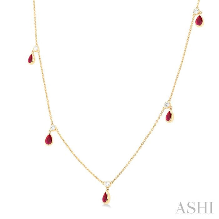 5x3 MM Pear Shape Ruby and 1/4 Ctw Round Cut Diamonds Precious Station Necklace in 14K Yellow Gold 5x3 MM Pear Shape Ruby and 1/4 Ctw Round Cut Diamonds Precious Station Necklace in 14K Yellow Gold