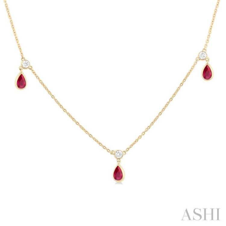5x3 MM Pear Shape Ruby and 1/4 Ctw Round Cut Diamonds Precious Station Necklace in 14K Yellow Gold 5x3 MM Pear Shape Ruby and 1/4 Ctw Round Cut Diamonds Precious Station Necklace in 14K Yellow Gold