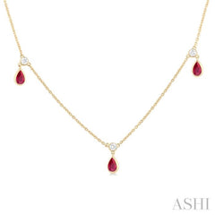 5x3 MM Pear Shape Ruby and 1/4 Ctw Round Cut Diamonds Precious Station Necklace in 14K Yellow Gold 5x3 MM Pear Shape Ruby and 1/4 Ctw Round Cut Diamonds Precious Station Necklace in 14K Yellow Gold