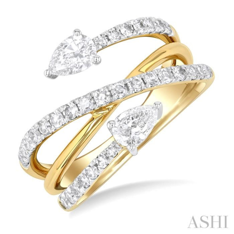 1 Ctw East West Pear and Round Cut Diamond Split Open-End Fashion Ring in 14K Yellow Gold 1 Ctw East West Pear and Round Cut Diamond Split Open-End Fashion Ring in 14K Yellow Gold