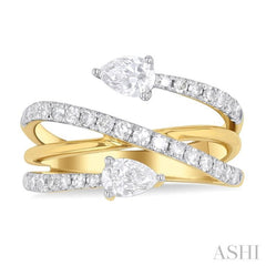 1 Ctw East West Pear and Round Cut Diamond Split Open-End Fashion Ring in 14K Yellow Gold 1 Ctw East West Pear and Round Cut Diamond Split Open-End Fashion Ring in 14K Yellow Gold