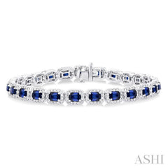 4X3 MM Emerald Cut Sapphire and 2 1/5 Ctw Round Cut Diamond Halo Precious Bracelet in 14K White Gold 4X3 MM Emerald Cut Sapphire and 2 1/5 Ctw Round Cut Diamond Halo Precious Bracelet in 14K White Gold
