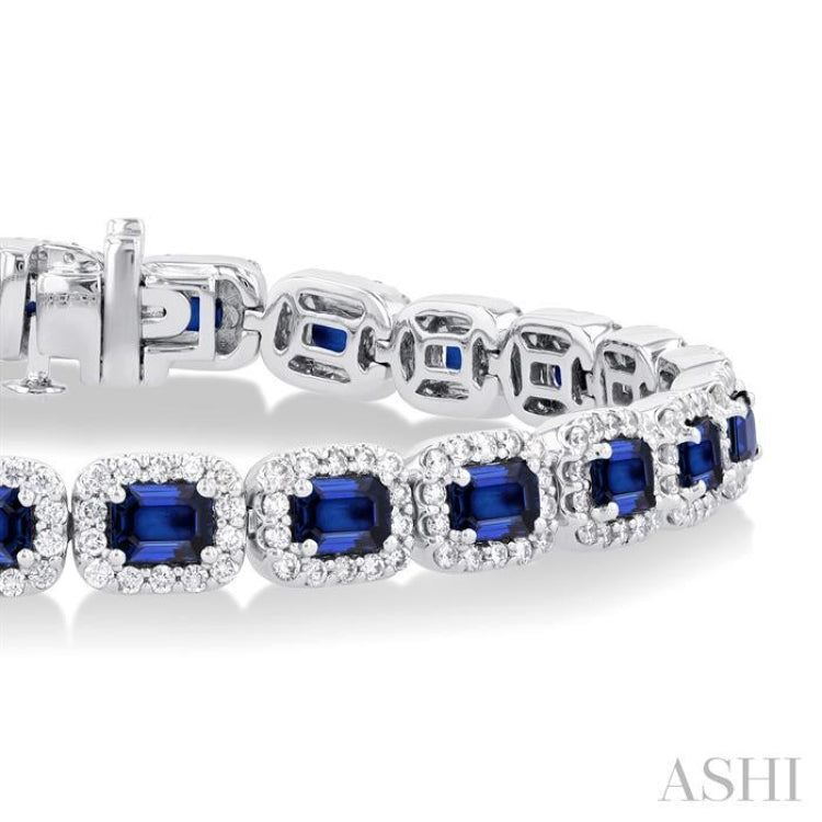 4X3 MM Emerald Cut Sapphire and 2 1/5 Ctw Round Cut Diamond Halo Precious Bracelet in 14K White Gold 4X3 MM Emerald Cut Sapphire and 2 1/5 Ctw Round Cut Diamond Halo Precious Bracelet in 14K White Gold