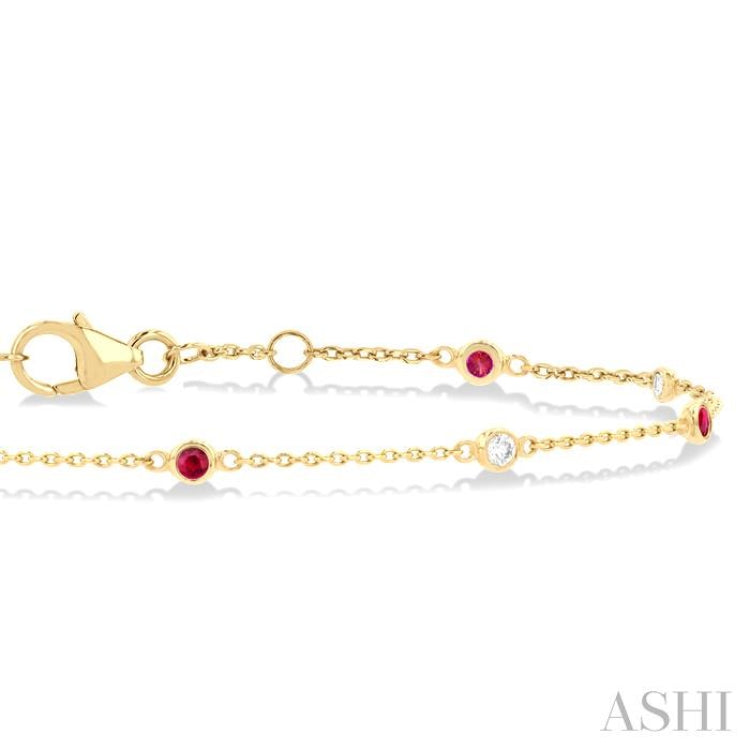 1.8 MM Ruby and 1/10 Ctw Bezel Set Round Cut Diamond Precious Gemstone Station Bracelet in 14K Yellow Gold 1.8 MM Ruby and 1/10 Ctw Bezel Set Round Cut Diamond Precious Gemstone Station Bracelet in 14K Yellow Gold