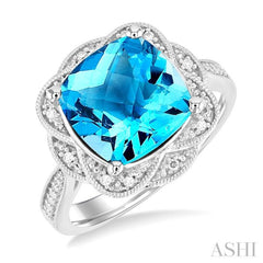 10X10 MM Cushion Shape Blue Topaz and 1/20 Ctw Round Cut Diamond Semi-Precious Ring in Sterling Silver 10X10 MM Cushion Shape Blue Topaz and 1/20 Ctw Round Cut Diamond Semi-Precious Ring in Sterling Silver