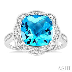 10X10 MM Cushion Shape Blue Topaz and 1/20 Ctw Round Cut Diamond Semi-Precious Ring in Sterling Silver 10X10 MM Cushion Shape Blue Topaz and 1/20 Ctw Round Cut Diamond Semi-Precious Ring in Sterling Silver