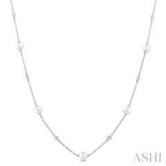 3 MM Round Shape Cultured Pearl and 1/8 Ctw Round Cut Diamond Station Necklace in 14K White Gold 3 MM Round Shape Cultured Pearl and 1/8 Ctw Round Cut Diamond Station Necklace in 14K White Gold