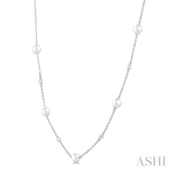 3 MM Round Shape Cultured Pearl and 1/8 Ctw Round Cut Diamond Station Necklace in 14K White Gold 3 MM Round Shape Cultured Pearl and 1/8 Ctw Round Cut Diamond Station Necklace in 14K White Gold