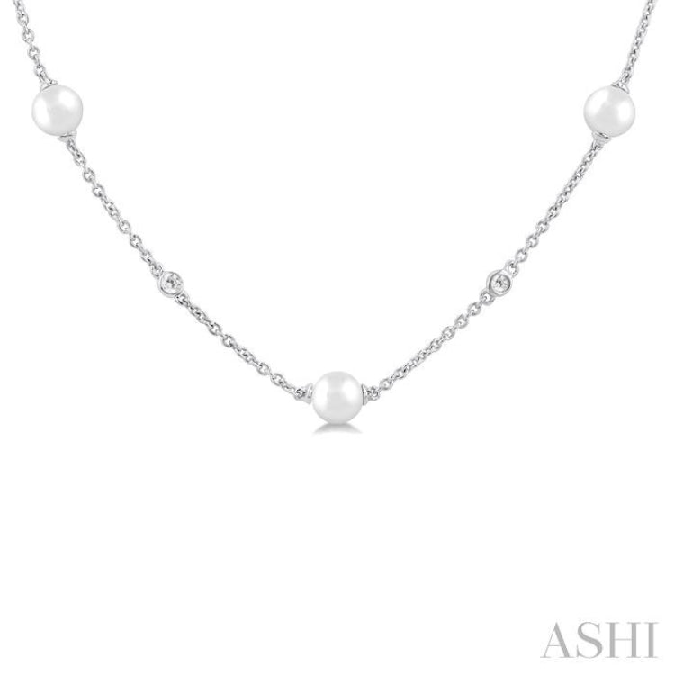 3 MM Round Shape Cultured Pearl and 1/8 Ctw Round Cut Diamond Station Necklace in 14K White Gold 3 MM Round Shape Cultured Pearl and 1/8 Ctw Round Cut Diamond Station Necklace in 14K White Gold