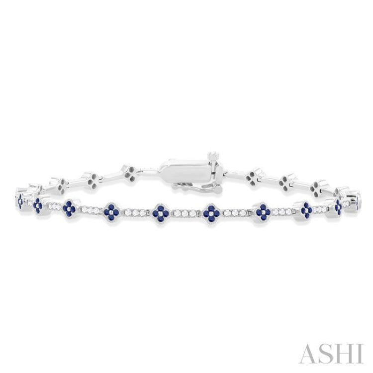 1.00 MM Round Shape Sapphire and 1/2 Ctw Clover Leaf & Bar Link Round Cut Diamond Precious Bracelet in 14K White Gold 1.00 MM Round Shape Sapphire and 1/2 Ctw Clover Leaf & Bar Link Round Cut Diamond Precious Bracelet in 14K White Gold