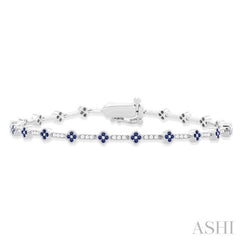 1.00 MM Round Shape Sapphire and 1/2 Ctw Clover Leaf & Bar Link Round Cut Diamond Precious Bracelet in 14K White Gold 1.00 MM Round Shape Sapphire and 1/2 Ctw Clover Leaf & Bar Link Round Cut Diamond Precious Bracelet in 14K White Gold