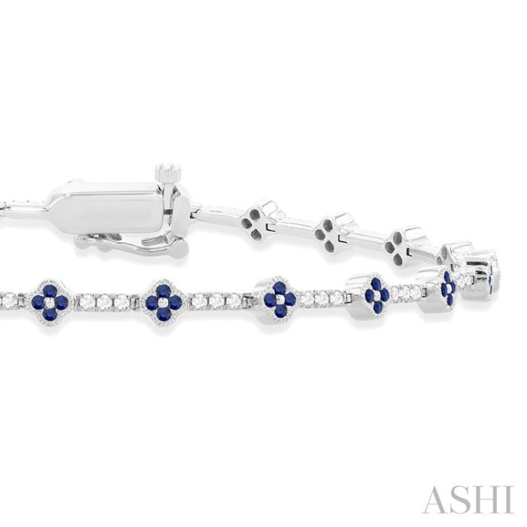 1.00 MM Round Shape Sapphire and 1/2 Ctw Clover Leaf & Bar Link Round Cut Diamond Precious Bracelet in 14K White Gold 1.00 MM Round Shape Sapphire and 1/2 Ctw Clover Leaf & Bar Link Round Cut Diamond Precious Bracelet in 14K White Gold