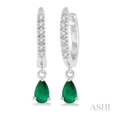 5x3 MM Pear Cut Emerald and 1/8 Ctw Round Cut Diamond Petite Fashion Huggie Earrings in 10K White Gold