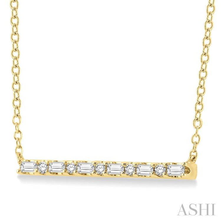 1/6 Ctw Baguette and Round Cut Diamond Petite Bar Necklace in 10K Yellow Gold 1/6 Ctw Baguette and Round Cut Diamond Petite Bar Necklace in 10K Yellow Gold