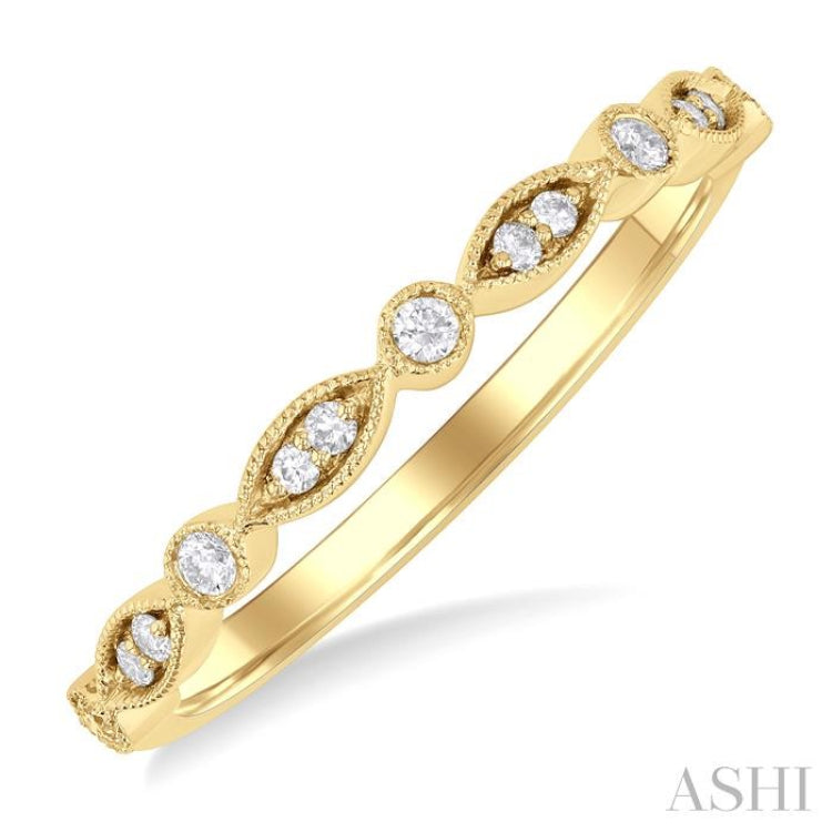 1/10 Ctw Marquise and Circular Motif Carved Round Cut Diamond Stackable Wedding Band in 14K Yellow Gold 1/10 Ctw Marquise and Circular Motif Carved Round Cut Diamond Stackable Wedding Band in 14K Yellow Gold