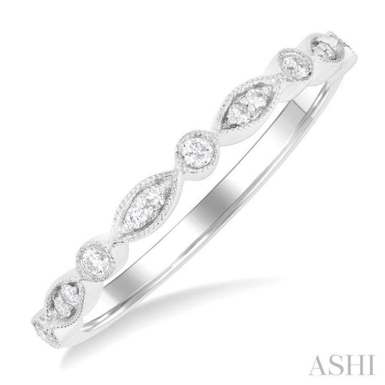 1/10 Ctw Marquise and Circular Motif Carved Round Cut Diamond Stackable Wedding Band in 14K White Gold 1/10 Ctw Marquise and Circular Motif Carved Round Cut Diamond Stackable Wedding Band in 14K White Gold