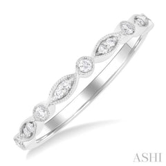 1/10 Ctw Marquise and Circular Motif Carved Round Cut Diamond Stackable Wedding Band in 14K White Gold 1/10 Ctw Marquise and Circular Motif Carved Round Cut Diamond Stackable Wedding Band in 14K White Gold