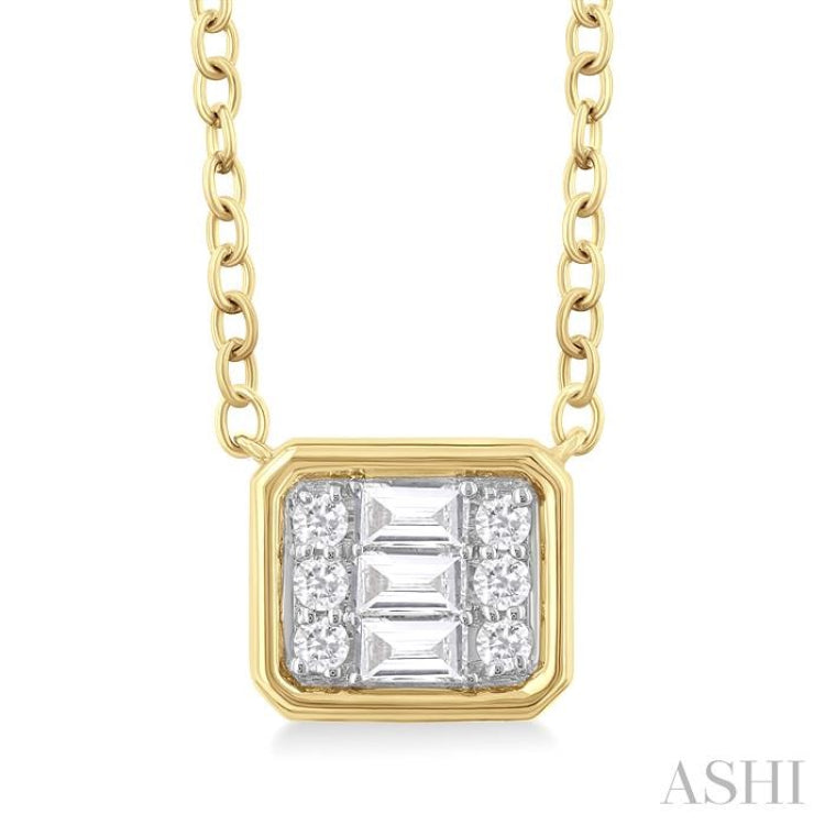 1/6 Ctw Petite Bezel Set East-West Emerald Shape Fusion Baguette and Round Cut Diamond Fashion Pendant With Chain in 10K Yellow Gold 1/6 Ctw Petite Bezel Set East-West Emerald Shape Fusion Baguette and Round Cut Diamond Fashion Pendant With Chain in 10K Yellow Gold