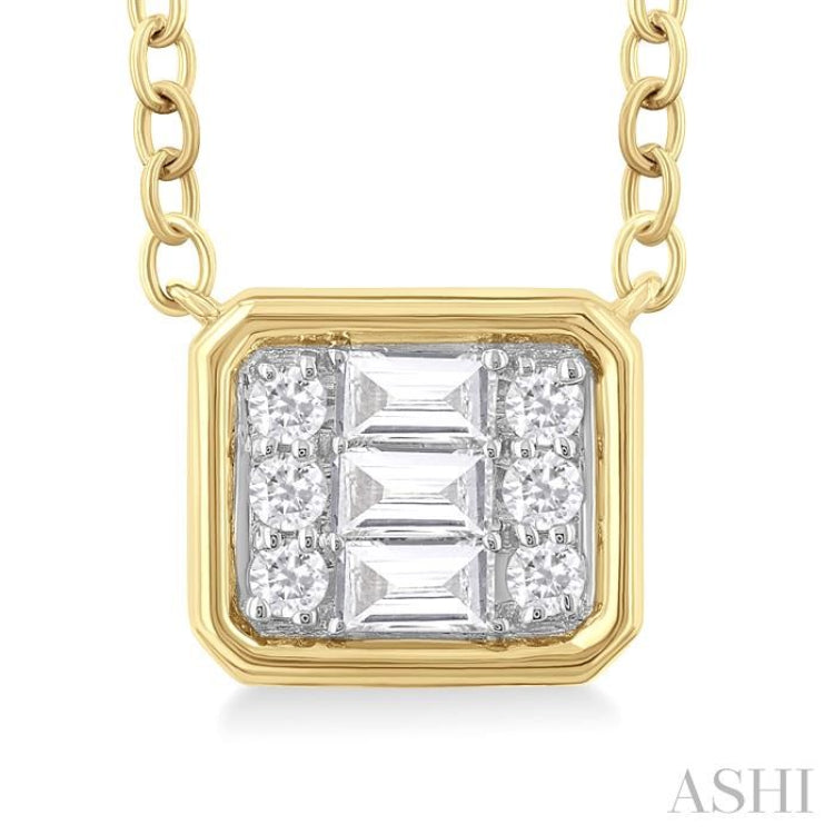 1/6 Ctw Petite Bezel Set East-West Emerald Shape Fusion Baguette and Round Cut Diamond Fashion Pendant With Chain in 10K Yellow Gold 1/6 Ctw Petite Bezel Set East-West Emerald Shape Fusion Baguette and Round Cut Diamond Fashion Pendant With Chain in 10K Yellow Gold