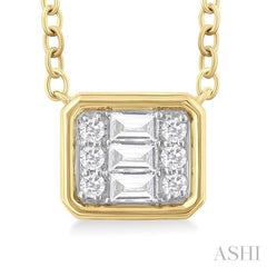 1/6 Ctw Petite Bezel Set East-West Emerald Shape Fusion Baguette and Round Cut Diamond Fashion Pendant With Chain in 10K Yellow Gold 1/6 Ctw Petite Bezel Set East-West Emerald Shape Fusion Baguette and Round Cut Diamond Fashion Pendant With Chain in 10K Yellow Gold