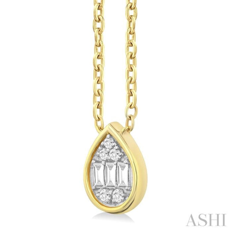 1/6 Ctw Petite Bezel Set Pear Shape Fusion Baguette and Round Cut Diamond Fashion Pendant With Chain in 10K Yellow Gold 1/6 Ctw Petite Bezel Set Pear Shape Fusion Baguette and Round Cut Diamond Fashion Pendant With Chain in 10K Yellow Gold
