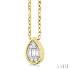 1/6 Ctw Petite Bezel Set Pear Shape Fusion Baguette and Round Cut Diamond Fashion Pendant With Chain in 10K Yellow Gold 1/6 Ctw Petite Bezel Set Pear Shape Fusion Baguette and Round Cut Diamond Fashion Pendant With Chain in 10K Yellow Gold