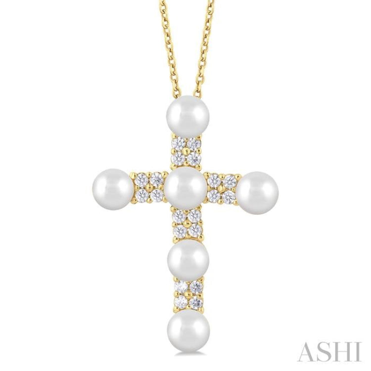 4 MM Cross Cultured Pearl and 1/5 Ctw Round Cut Diamond Semi-Precious Fashion Pendant With Chain in 10K Yellow Gold 4 MM Cross Cultured Pearl and 1/5 Ctw Round Cut Diamond Semi-Precious Fashion Pendant With Chain in 10K Yellow Gold