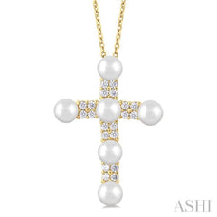 4 MM Cross Cultured Pearl and 1/5 Ctw Round Cut Diamond Semi-Precious Fashion Pendant With Chain in 10K Yellow Gold 4 MM Cross Cultured Pearl and 1/5 Ctw Round Cut Diamond Semi-Precious Fashion Pendant With Chain in 10K Yellow Gold