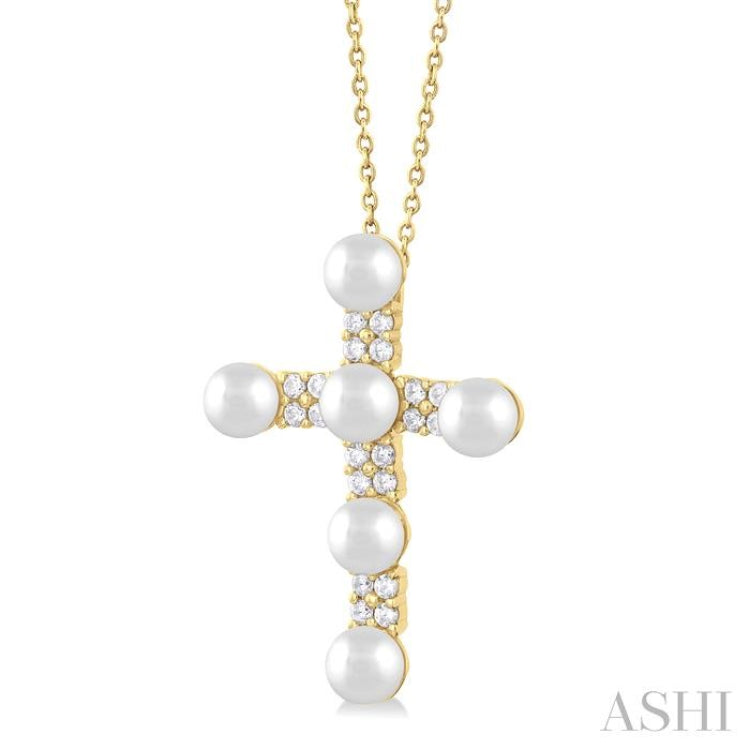 4 MM Cross Cultured Pearl and 1/5 Ctw Round Cut Diamond Semi-Precious Fashion Pendant With Chain in 10K Yellow Gold 4 MM Cross Cultured Pearl and 1/5 Ctw Round Cut Diamond Semi-Precious Fashion Pendant With Chain in 10K Yellow Gold