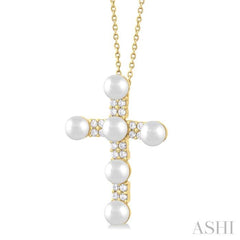 4 MM Cross Cultured Pearl and 1/5 Ctw Round Cut Diamond Semi-Precious Fashion Pendant With Chain in 10K Yellow Gold 4 MM Cross Cultured Pearl and 1/5 Ctw Round Cut Diamond Semi-Precious Fashion Pendant With Chain in 10K Yellow Gold