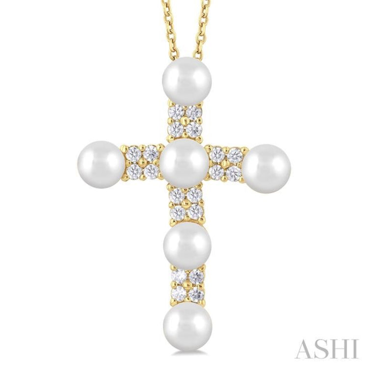4 MM Cross Cultured Pearl and 1/5 Ctw Round Cut Diamond Semi-Precious Fashion Pendant With Chain in 10K Yellow Gold 4 MM Cross Cultured Pearl and 1/5 Ctw Round Cut Diamond Semi-Precious Fashion Pendant With Chain in 10K Yellow Gold