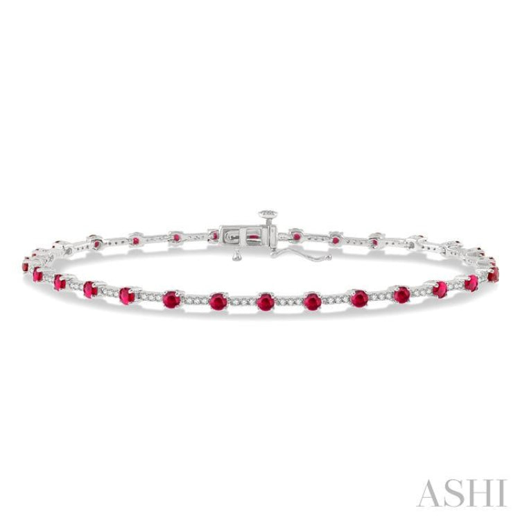 2.5 MM Round Cut Ruby and 1/2 Ctw Round Cut Diamond Precious Bracelet in 10K White Gold 2.5 MM Round Cut Ruby and 1/2 Ctw Round Cut Diamond Precious Bracelet in 10K White Gold
