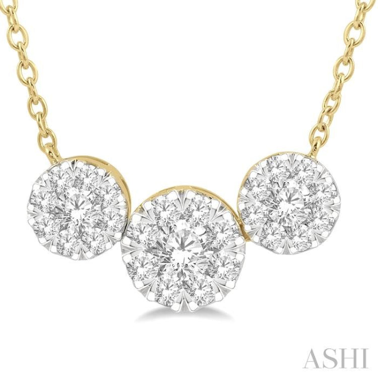 1 1/2 Ctw 3-Stone Lovebright Round Cut Diamond Necklace in 14K Yellow & white Gold 1 1/2 Ctw 3-Stone Lovebright Round Cut Diamond Necklace in 14K Yellow & white Gold