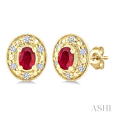 4x3 MM Oval Shaped Ruby and 1/10 Ctw Single Cut Diamond Earrings in 10K Yellow Gold