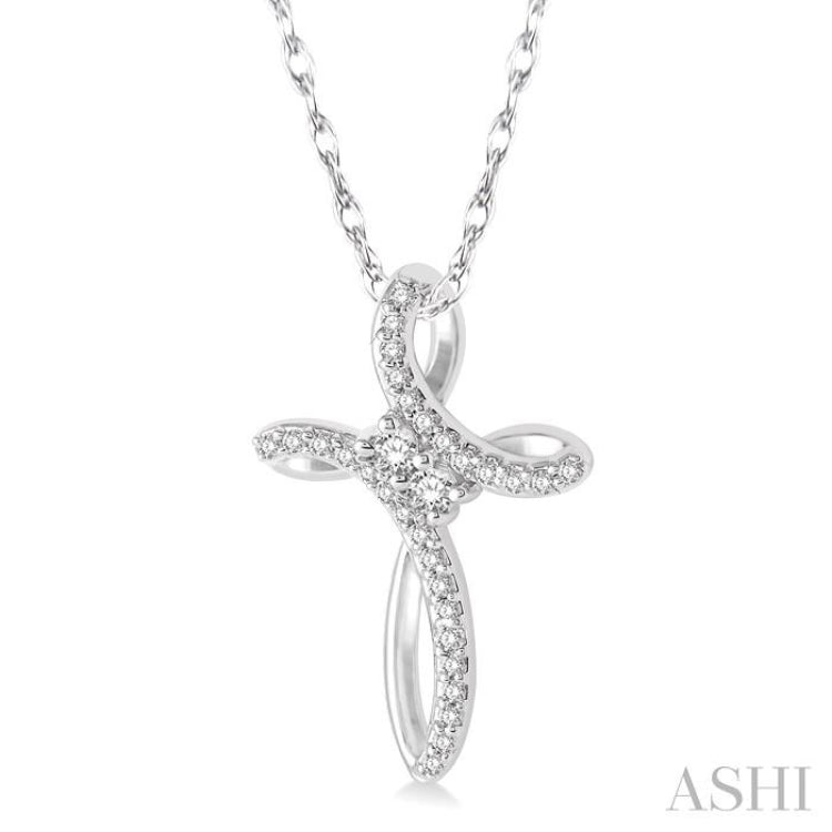 1/5 Ctw Rolled Back Cross Charm 2Stone Round Cut Diamond Pendant With Link Chain in 14K White Gold 1/5 Ctw Rolled Back Cross Charm 2Stone Round Cut Diamond Pendant With Link Chain in 14K White Gold