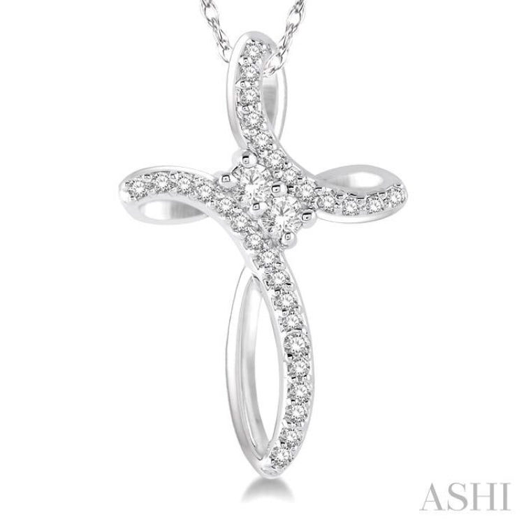1/5 Ctw Rolled Back Cross Charm 2Stone Round Cut Diamond Pendant With Link Chain in 14K White Gold 1/5 Ctw Rolled Back Cross Charm 2Stone Round Cut Diamond Pendant With Link Chain in 14K White Gold
