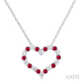 1.4 MM Round Cut Ruby and 1/8 Ctw Open Heart Round Cut Diamond Precious Fashion Pendant With Chain in 14K White Gold