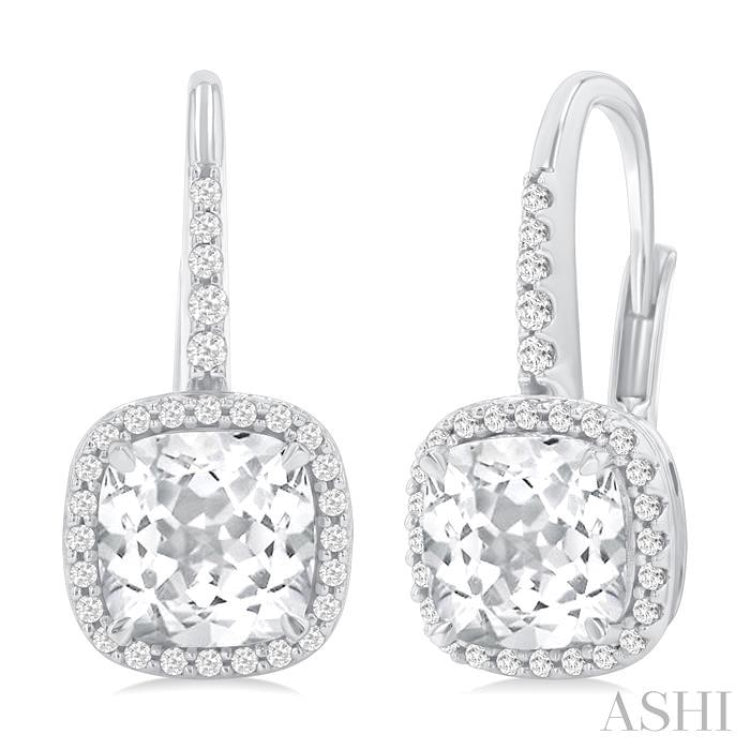7X7 MM Cushion Cut White Topaz and 1/4 Ctw Round Cut Diamond Halo Semi-Precious Earring in 14K White Gold 7X7 MM Cushion Cut White Topaz and 1/4 Ctw Round Cut Diamond Halo Semi-Precious Earring in 14K White Gold