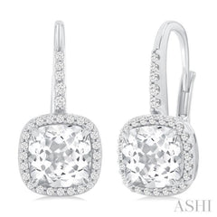 7X7 MM Cushion Cut White Topaz and 1/4 Ctw Round Cut Diamond Halo Semi-Precious Earring in 14K White Gold 7X7 MM Cushion Cut White Topaz and 1/4 Ctw Round Cut Diamond Halo Semi-Precious Earring in 14K White Gold