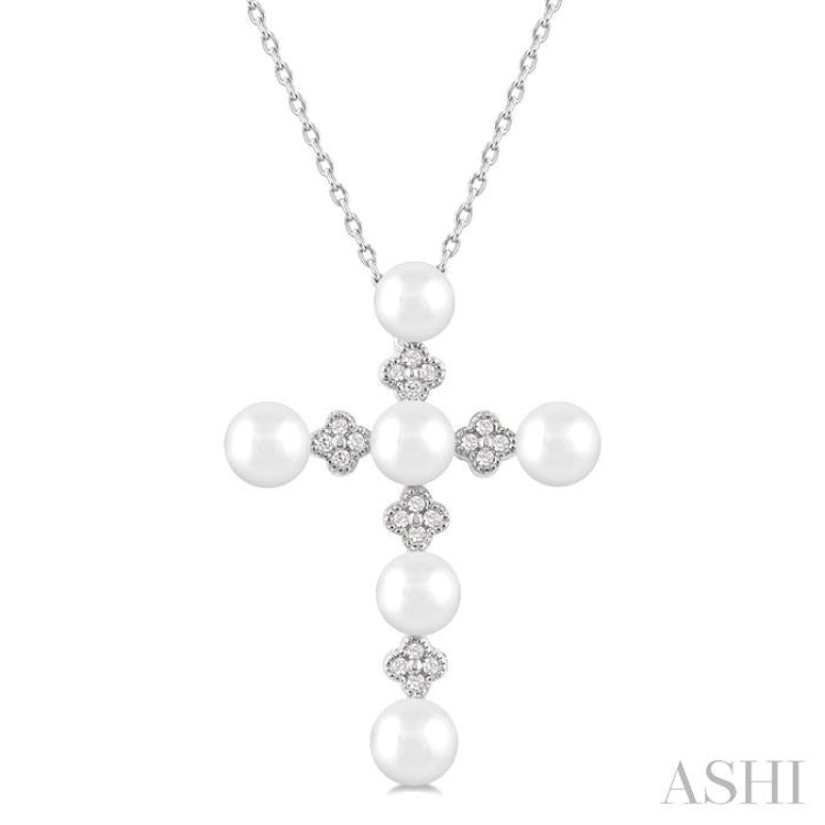4 MM Round Shape Cultured Pearl and  1/10 Ctw Clover Round Cut Diamond Cross Pendant With Chain in 10K White Gold 4 MM Round Shape Cultured Pearl and  1/10 Ctw Clover Round Cut Diamond Cross Pendant With Chain in 10K White Gold