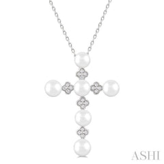 4 MM Round Shape Cultured Pearl and  1/10 Ctw Clover Round Cut Diamond Cross Pendant With Chain in 10K White Gold 4 MM Round Shape Cultured Pearl and  1/10 Ctw Clover Round Cut Diamond Cross Pendant With Chain in 10K White Gold