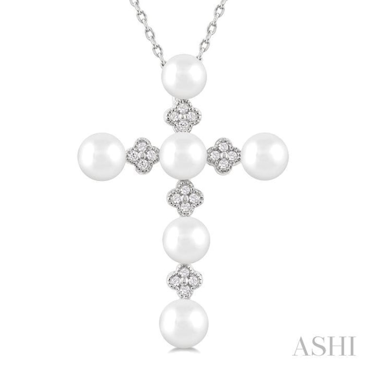 4 MM Round Shape Cultured Pearl and  1/10 Ctw Clover Round Cut Diamond Cross Pendant With Chain in 10K White Gold 4 MM Round Shape Cultured Pearl and  1/10 Ctw Clover Round Cut Diamond Cross Pendant With Chain in 10K White Gold